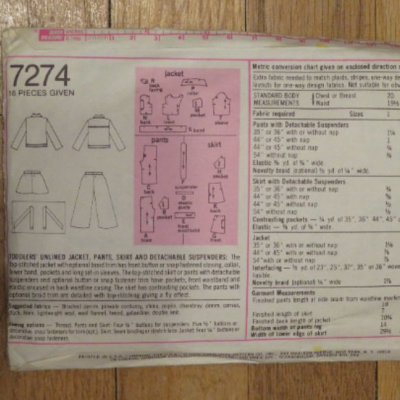 SIMPLICITY 7274 Child's Jacket Pants Skirt Size 2 CUT (#982) - Picture 3 of 3